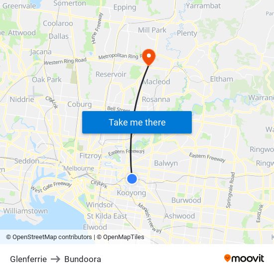 Glenferrie to Bundoora map