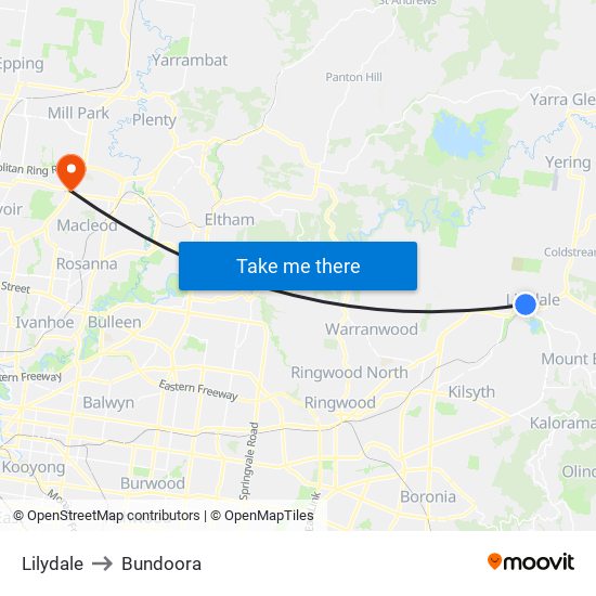 Lilydale to Bundoora map