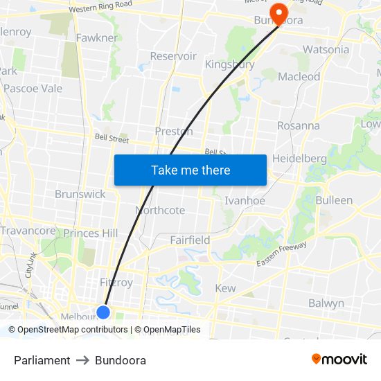 Parliament to Bundoora map