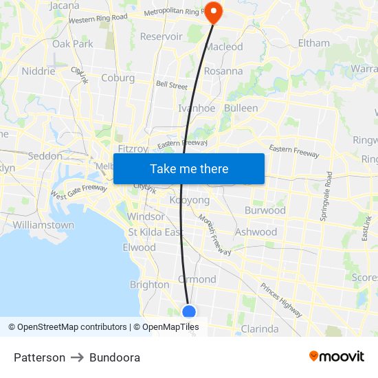 Patterson to Bundoora map