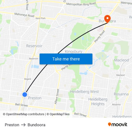 Preston to Bundoora map