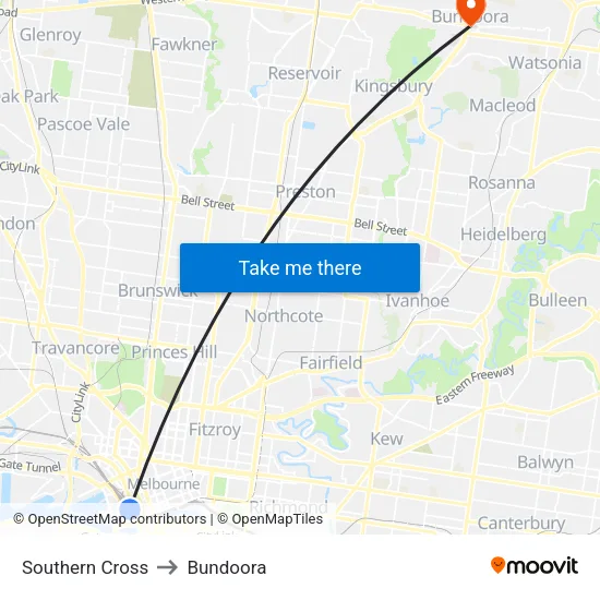 Southern Cross to Bundoora map
