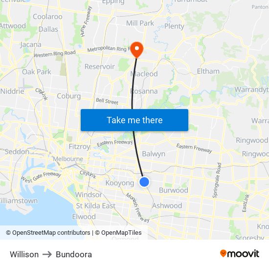 Willison to Bundoora map