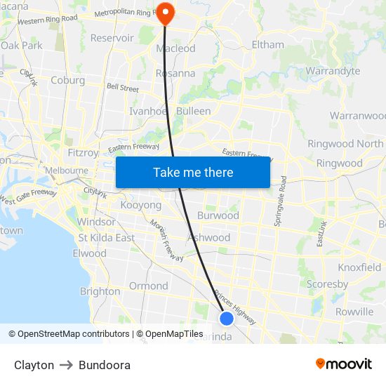 Clayton to Bundoora map