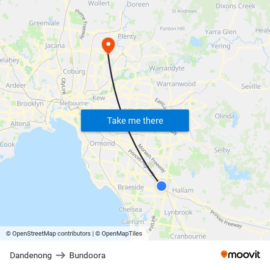 Dandenong to Bundoora map