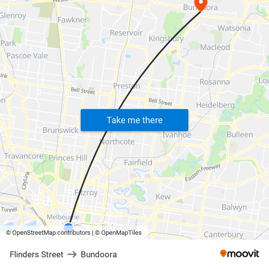 Flinders Street to Bundoora map