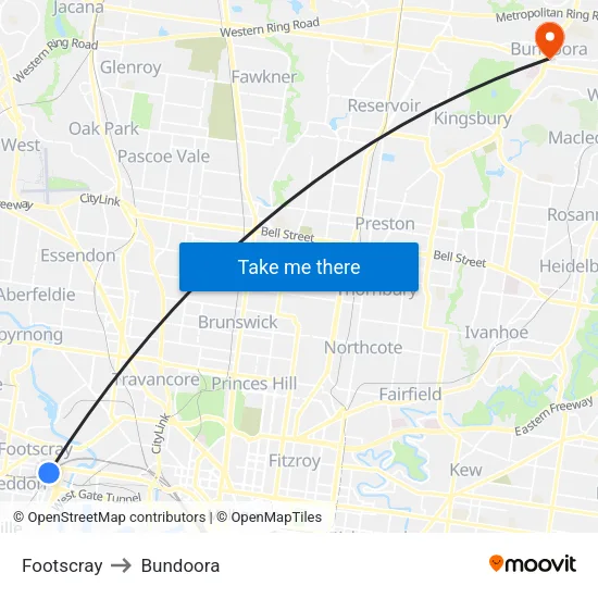 Footscray to Bundoora map