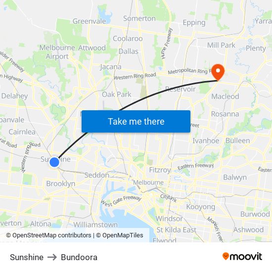 Sunshine to Bundoora map