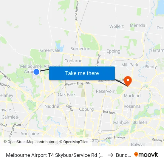 Melbourne Airport T4 Skybus/Service Rd to Bundoora map