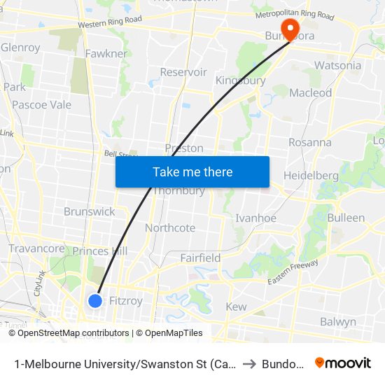 1-Melbourne University/Swanston St (Carlton) to Bundoora map