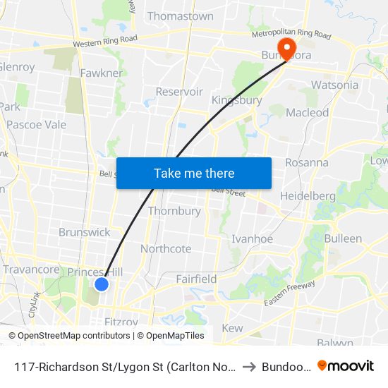 117-Richardson St/Lygon St (Carlton North) to Bundoora map