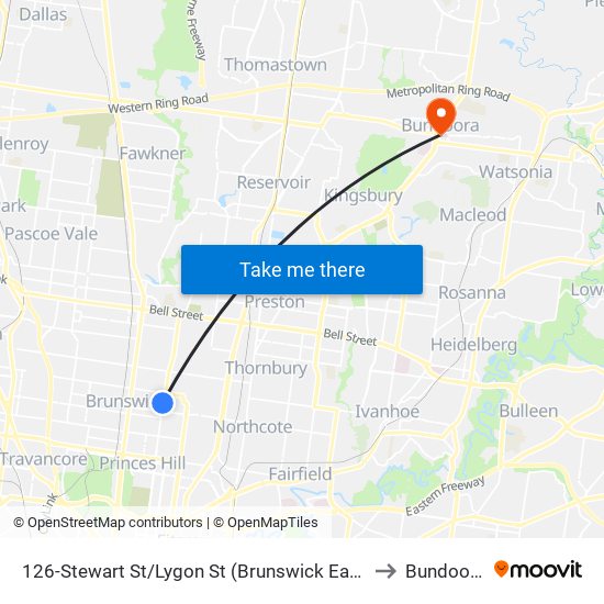 126-Stewart St/Lygon St (Brunswick East) to Bundoora map