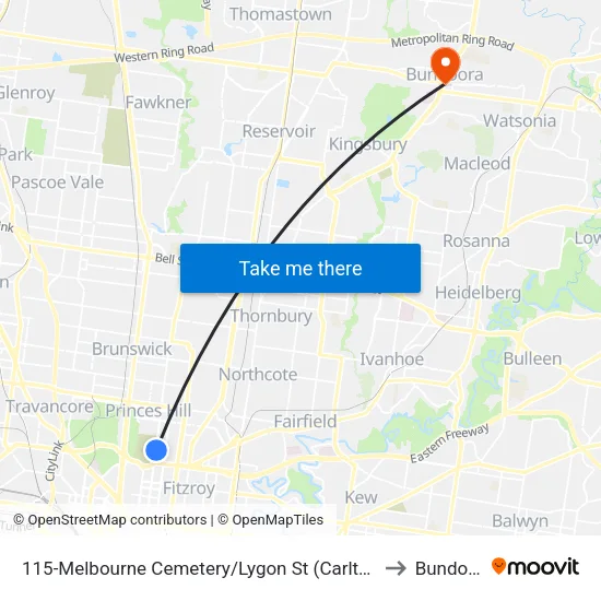 Melbourne Cemetery/Lygon St #115 to Bundoora map