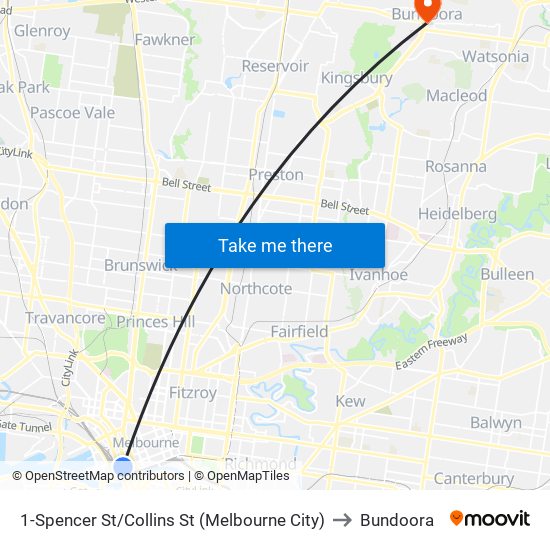 1-Spencer St/Collins St (Melbourne City) to Bundoora map