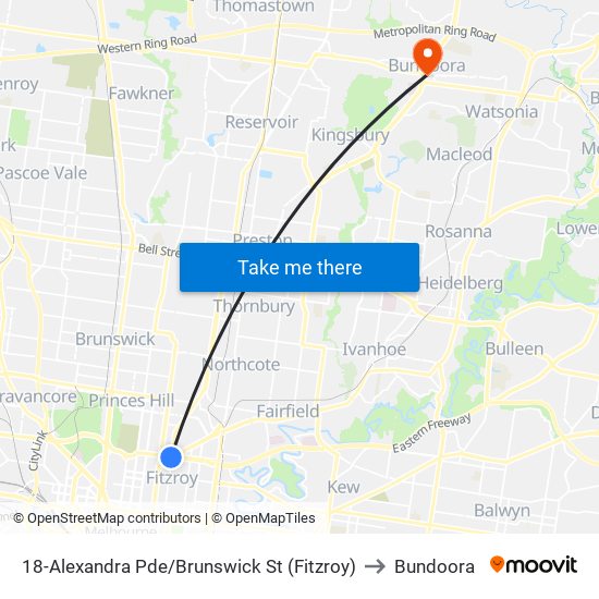 18-Alexandra Pde/Brunswick St (Fitzroy) to Bundoora map