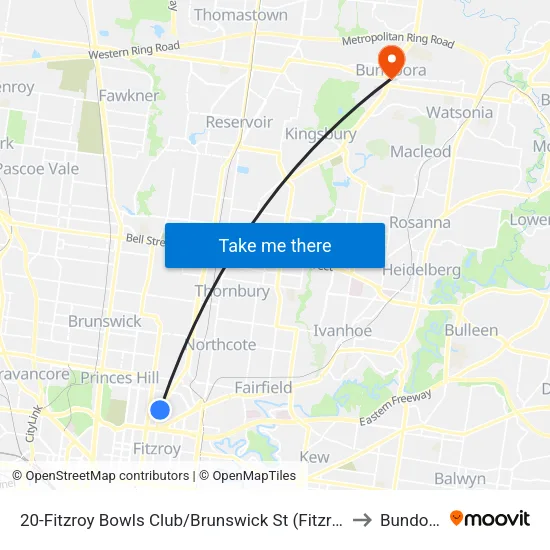 Fitzroy Bowls Club/Brunswick St #20 to Bundoora map