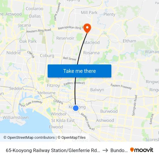 Kooyong Railway Station/Glenferrie Rd #65 to Bundoora map