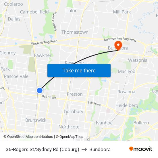 36-Rogers St/Sydney Rd (Coburg) to Bundoora map