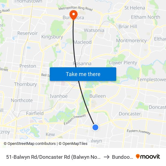 51-Balwyn Rd/Doncaster Rd (Balwyn North) to Bundoora map