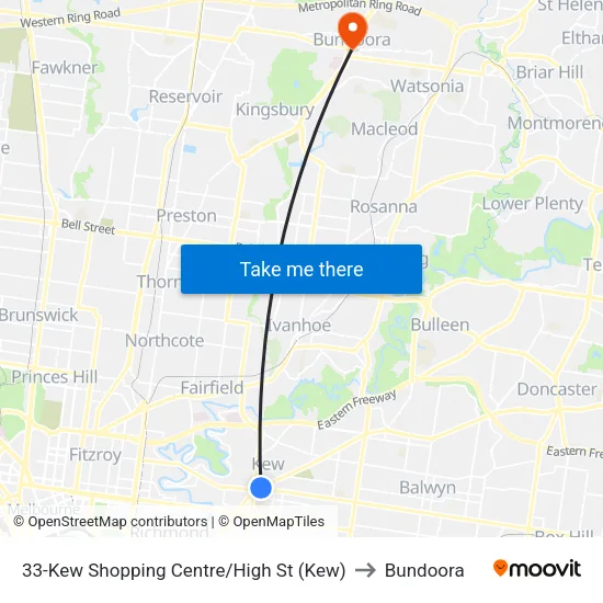 Kew Shopping Centre/High St #33 to Bundoora map