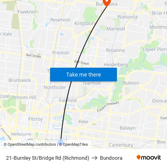 21-Burnley St/Bridge Rd (Richmond) to Bundoora map