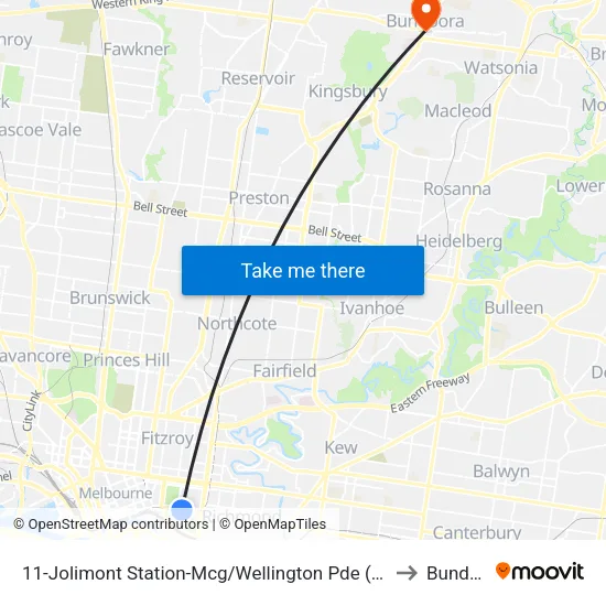 Jolimont Station-Mcg/Wellington Pde #11 to Bundoora map