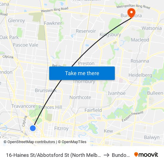 16-Haines St/Abbotsford St (North Melbourne) to Bundoora map