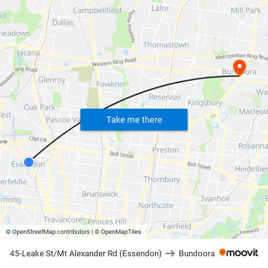 45-Leake St/Mt Alexander Rd (Essendon) to Bundoora map