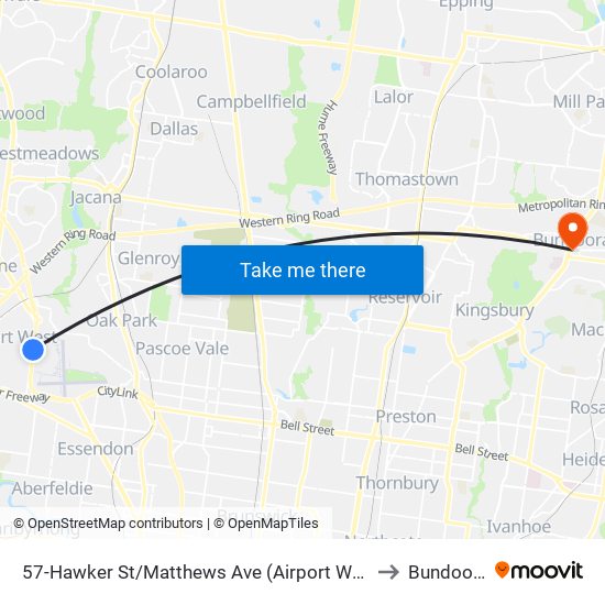 57-Hawker St/Matthews Ave (Airport West) to Bundoora map