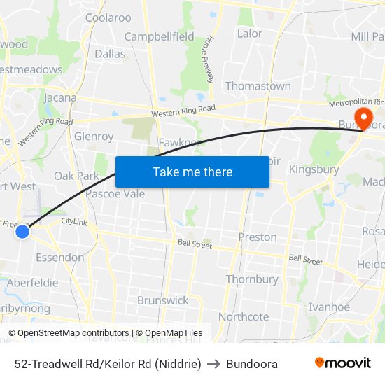 52-Treadwell Rd/Keilor Rd (Niddrie) to Bundoora map