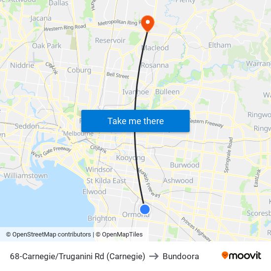 68-Carnegie/Truganini Rd (Carnegie) to Bundoora map