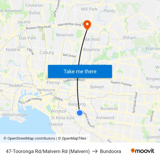 Tooronga Rd/Malvern Rd #47 to Bundoora map