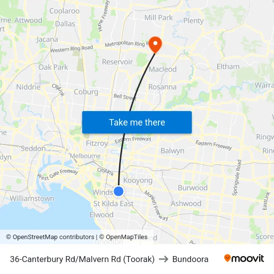 Canterbury Rd/Malvern Rd #36 to Bundoora map