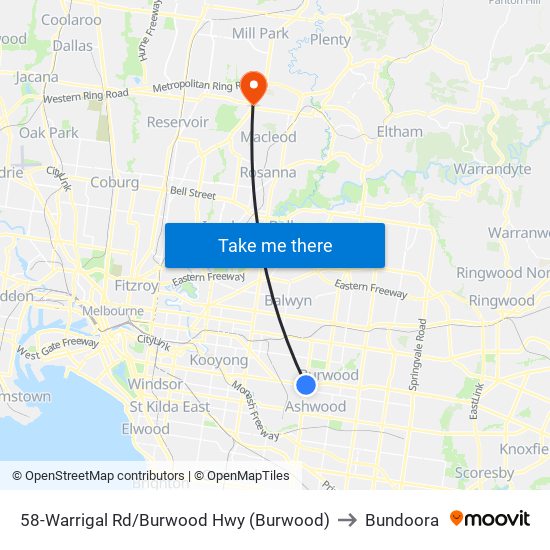 58-Warrigal Rd/Burwood Hwy (Burwood) to Bundoora map