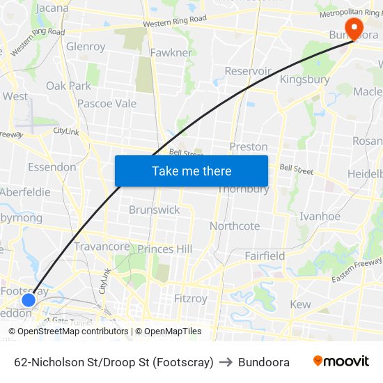 62-Nicholson St/Droop St (Footscray) to Bundoora map