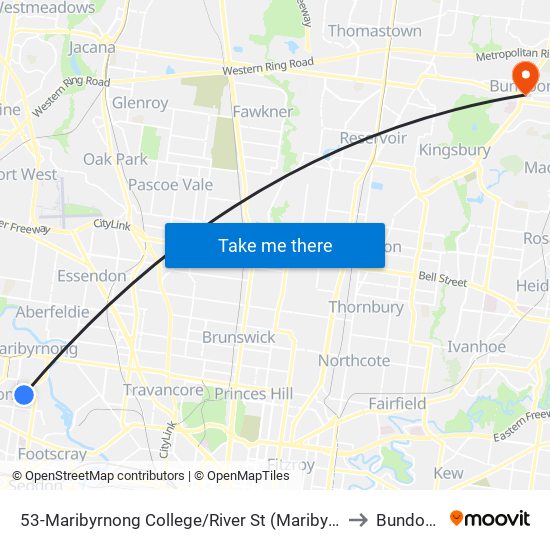 53-Maribyrnong College/River St (Maribyrnong) to Bundoora map