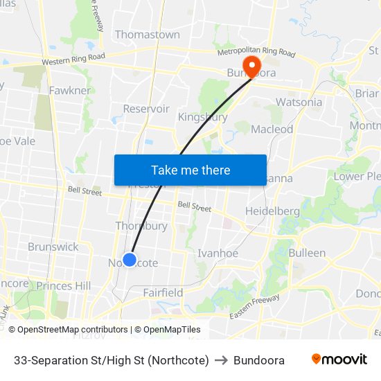 33-Separation St/High St (Northcote) to Bundoora map