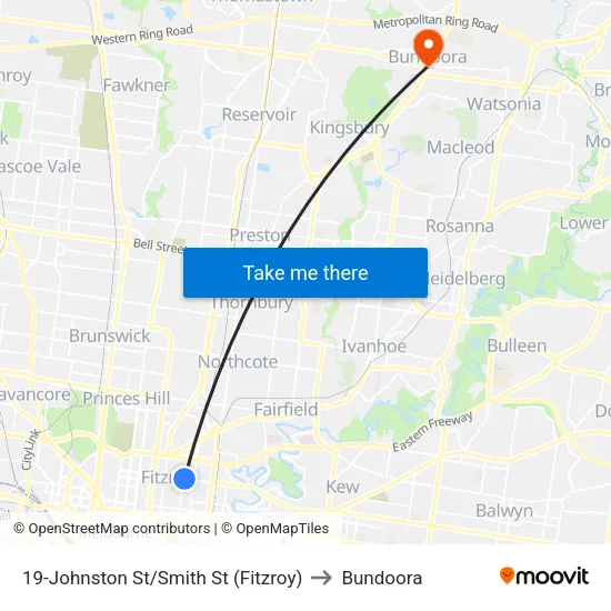 Johnston St/Smith St #19 to Bundoora map