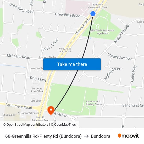 68-Greenhills Rd/Plenty Rd (Bundoora) to Bundoora map