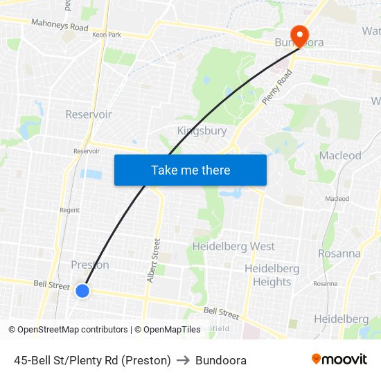 45-Bell St/Plenty Rd (Preston) to Bundoora map