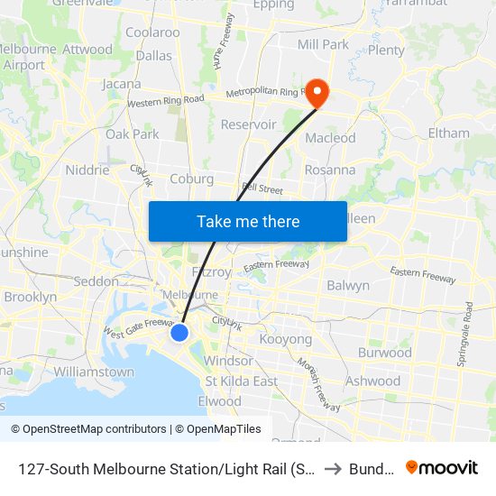 127-South Melbourne Station/Light Rail (South Melbourne) to Bundoora map