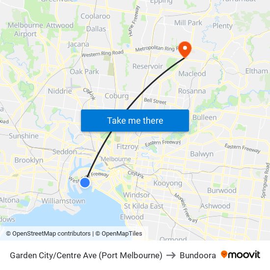 Garden City/Centre Ave (Port Melbourne) to Bundoora map