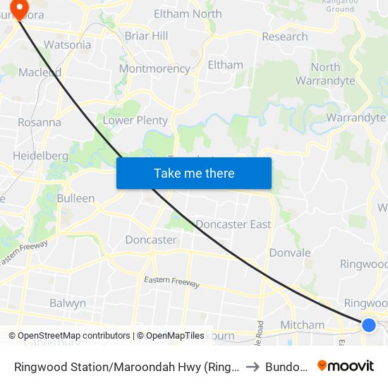 Ringwood Station/Maroondah Hwy (Ringwood) to Bundoora map