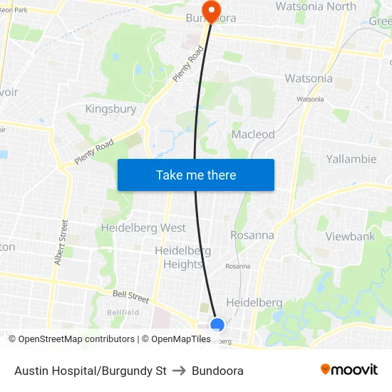 Austin Hospital/Burgundy St to Bundoora map