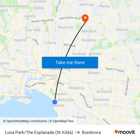 Luna Park/The Esplanade (St Kilda) to Bundoora map