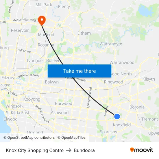 Knox City Shopping Centre to Bundoora map