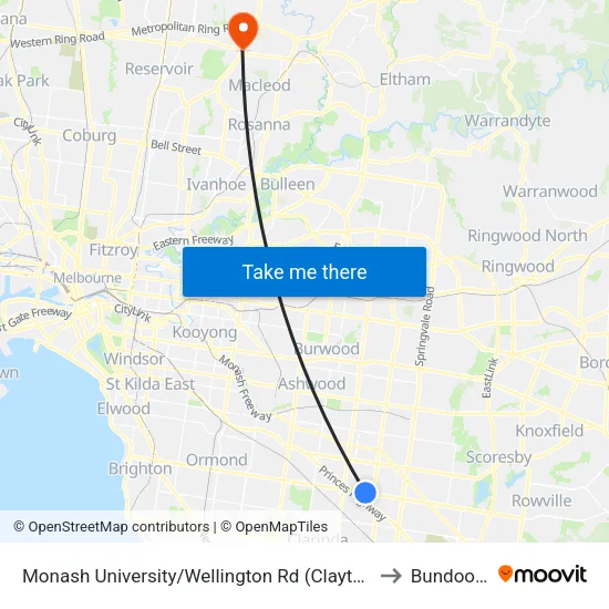 Monash University/Wellington Rd to Bundoora map