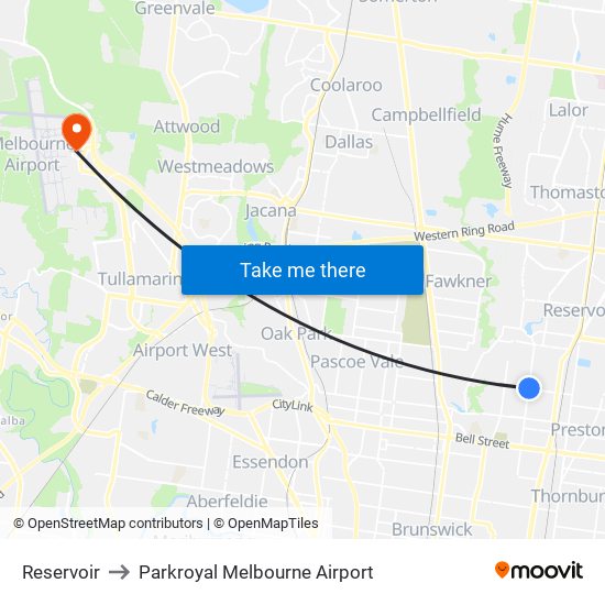 Reservoir to Parkroyal Melbourne Airport map