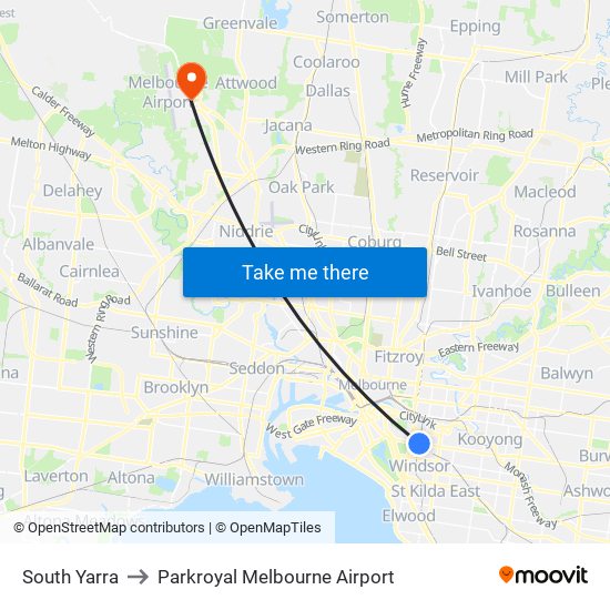 South Yarra to Parkroyal Melbourne Airport map
