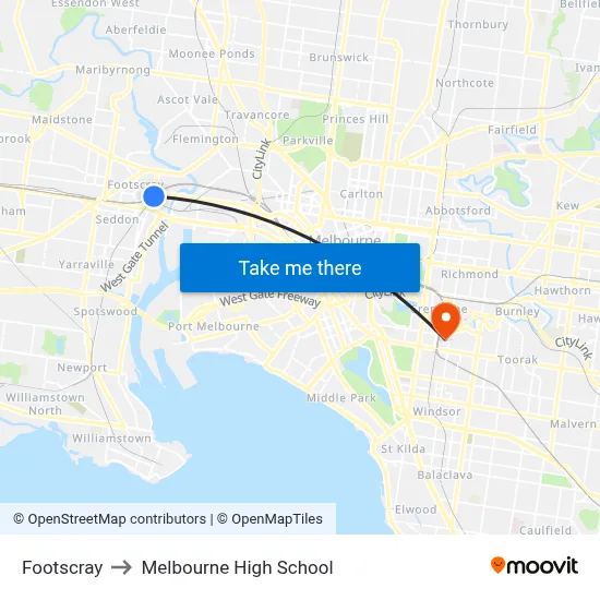 Footscray to Melbourne High School map